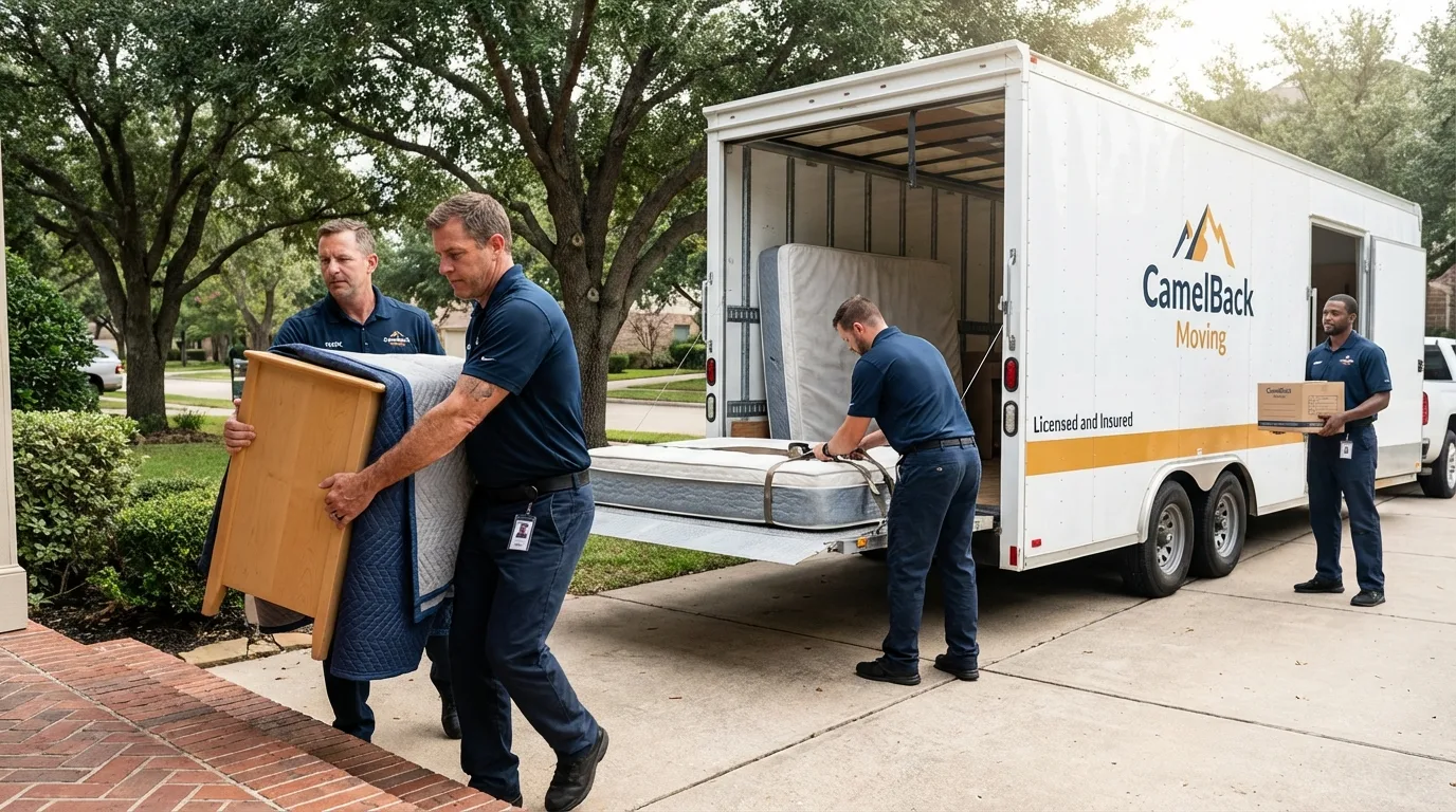 Crew loading residential truck for cross-state move from Giddings, TX