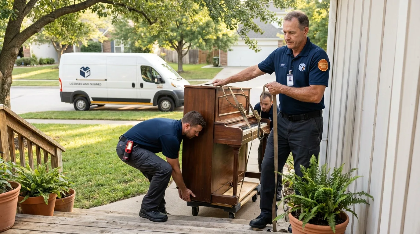 Licensed piano movers securing grand piano in Giddings, TX