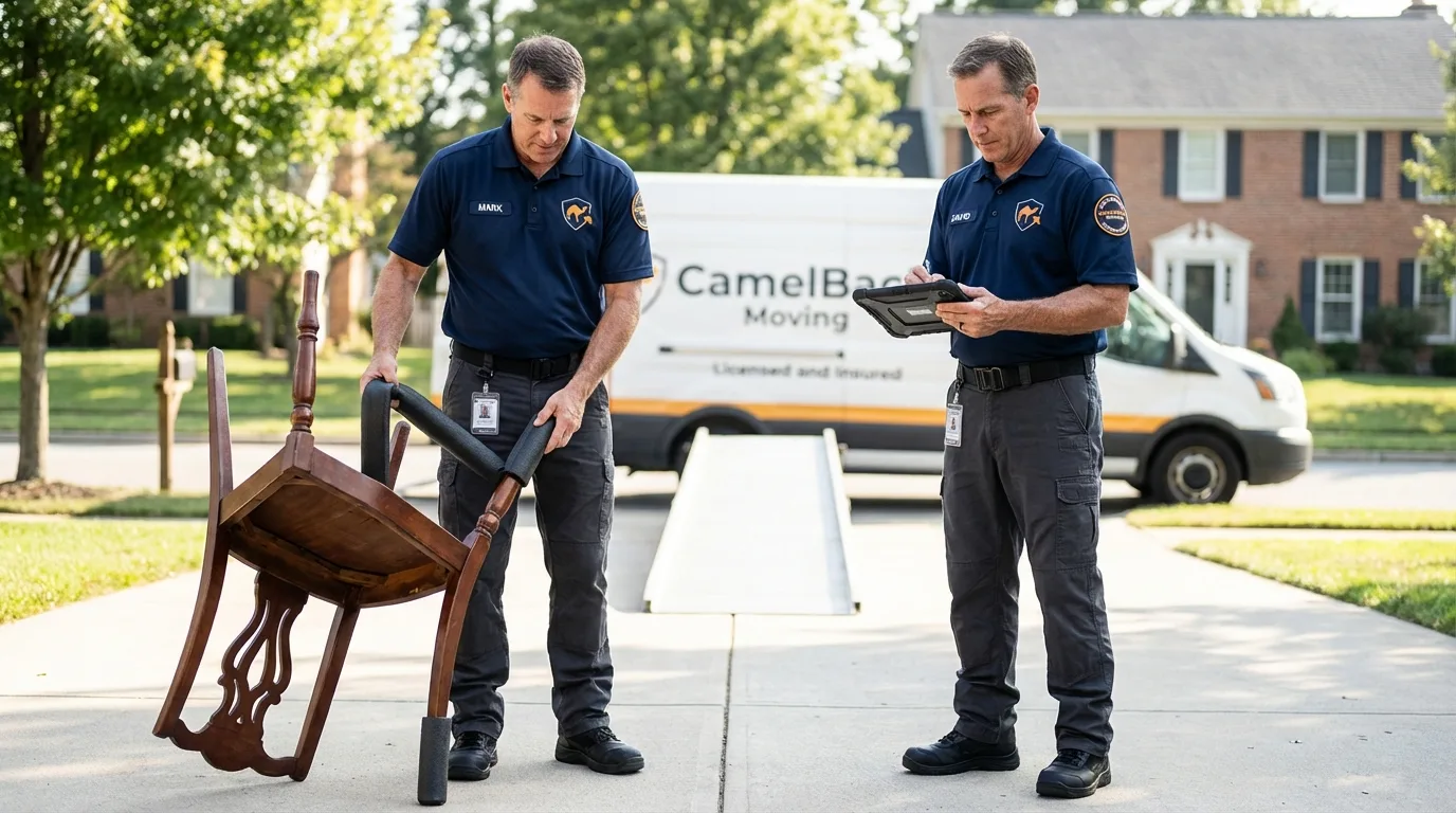 Movers inspecting furniture for damage prevention before loading in Giddings, TX