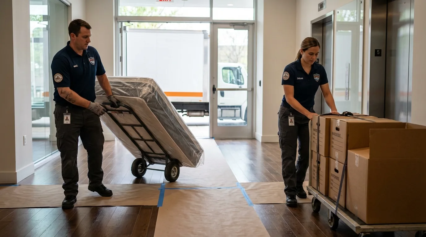 Professional apartment movers loading elevator in Giddings, TX